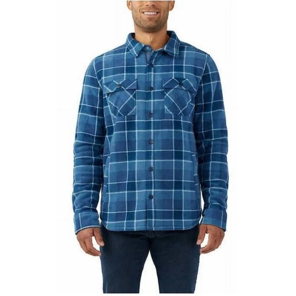 Voyager Men's Large Blue Plaid Super Plush Sherpa Lined Snap Shirt jacket - Picture 1 of 8